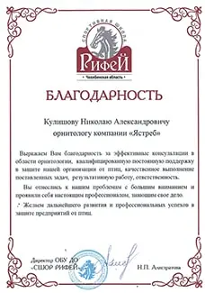 Благодарственное письмо ОБУ ДО СШОР РИФЕЙ г. Челябинск ИНН 7453201090