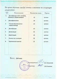 Приложение к диплому, выданному Мелиховой Татьяне Васильевне, о сданных зачётах и экзаменах по дисциплинам: дезинфекция и пест-контроль, правовые и общие вопросы, дезинфектология, техника безопасности и первая помощь, дезинфекция, дератизация, основы пест-контроля, практические занятия